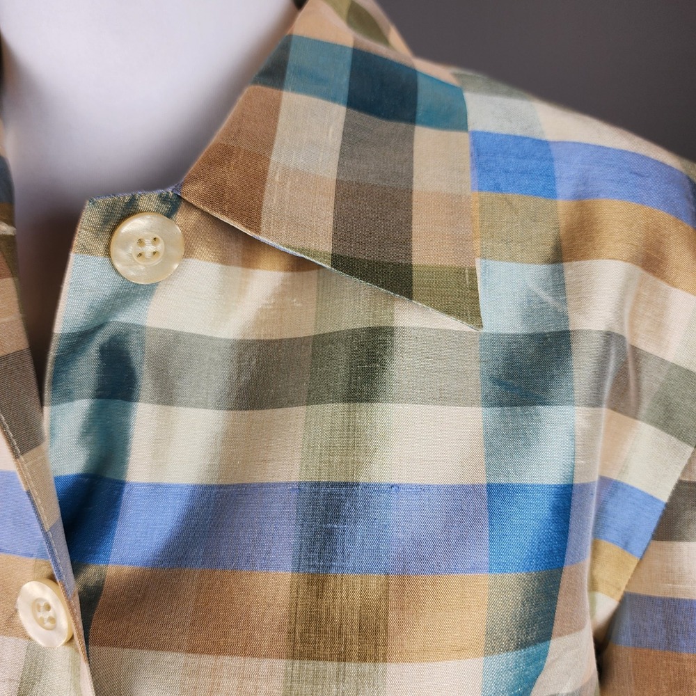 Silkland Shirt Top Jacket Womens 10 Blue Gold Green Check Silk Casual Office VTG - Picture 5 of 8